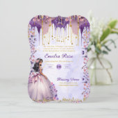 Lila Goldsparkle Quinceanera Rose Einladung (Stehend Vorderseite)