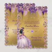 Lila Goldsparkle Quinceanera Rose Einladung (Vorne/Hinten)