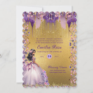 Lila Goldsparkle Quinceanera Rose Einladung