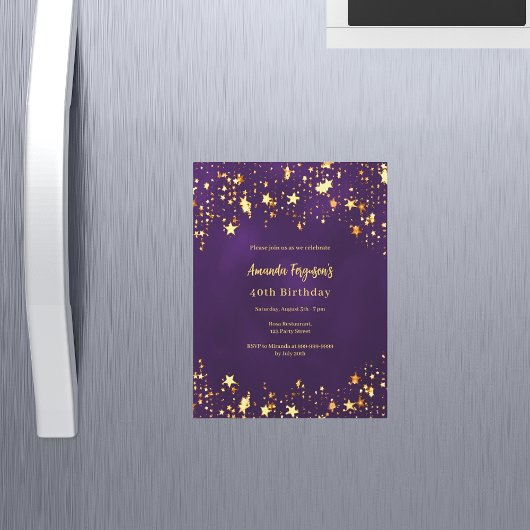 Lila Goldstars zum Geburtstag Magneteinladung