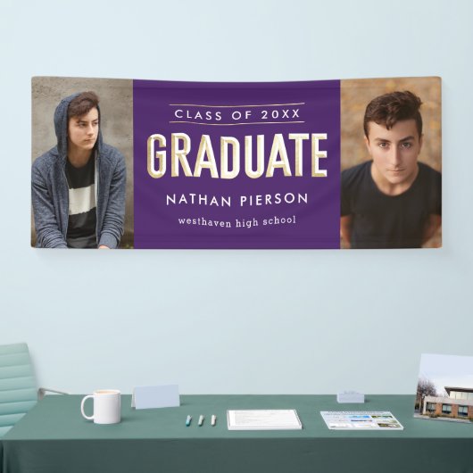 Lila Goldtyp mit zwei Fotos Abschluss Banner (Messe)