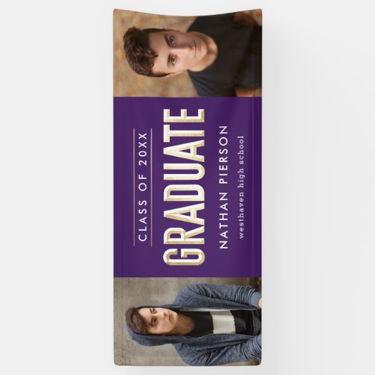 Lila Goldtyp mit zwei Fotos Abschluss Banner (Vertikal)