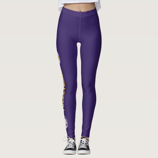 Lila Goldvolleyball mit Text ins Bein Leggings (Vorderseite)