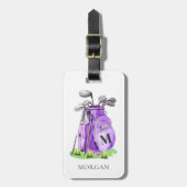 Lila Golfer Monogramm Gepäckanhänger (Vorderseite vertikal)