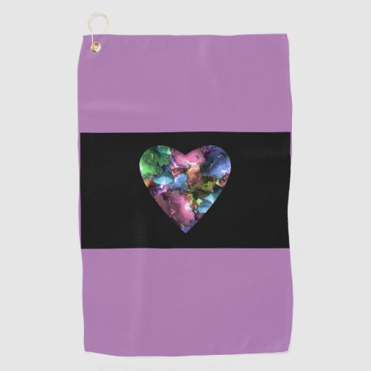 Lila Golfhandtuch mit farbenfrohem Herzen (Vorderseite)