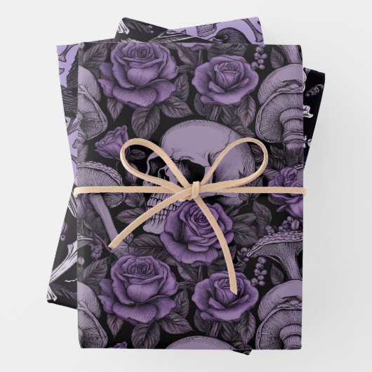 Lila Goth Prints, Raven Skull Mushrooms Geschenkpapier Set (Beispiel)