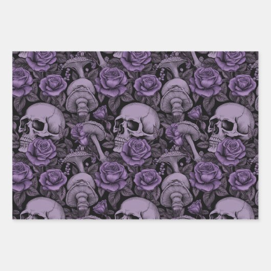 Lila Goth Prints, Raven Skull Mushrooms Geschenkpapier Set (Vorderseite)