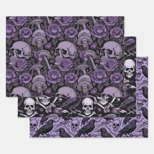 Lila Goth Prints, Raven Skull Mushrooms Geschenkpapier Set (Set)