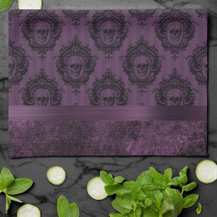 Lila Gothic Chic Aubergine und schwarze Schädel Geschirrtuch