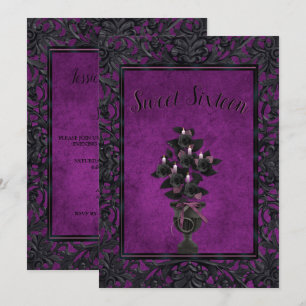 Lila Gothic Frame Black Rose & Candles Sweet 16 Einladung