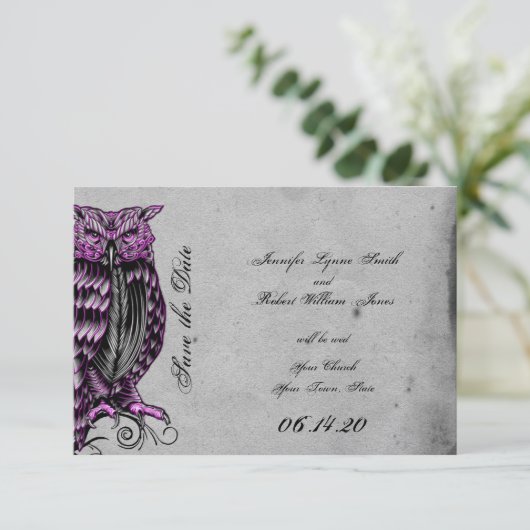 Lila Gothic Owl Posh Wedding Save the Date (Stehend Vorderseite)