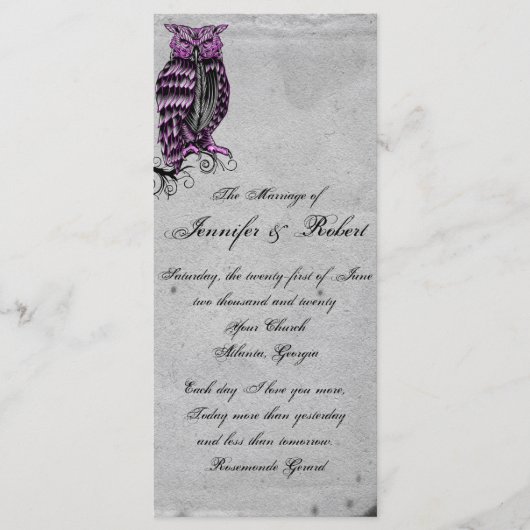 Lila Gotische Eule Elegantes Hochzeitsprogramm Programm (Vorderseite)