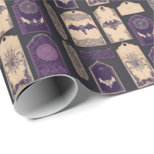 Lila gotische Halloween-Tags und Fledermäuse Vinta Geschenkpapier
