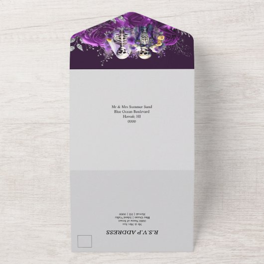 Lila gotisches Skelett All In One Einladung (Außenbereich)