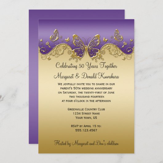 Lila Gradient Gold Butterfliegen 50 Jahre alt Einladung (Vorne/Hinten)
