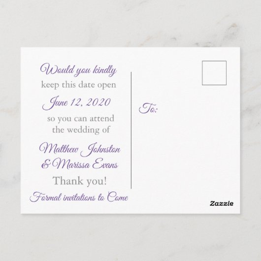 Lila GradientPersonalisierte Save the Date Postkar Postkarte (Rückseite)