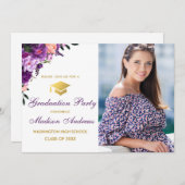 Lila-Graduiertenparty mit Blumen und Fotos Einladung (Vorne/Hinten)