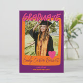 Lila Graduierungspartei für Rosa und Orange Foto Einladung (Stehend Vorderseite)