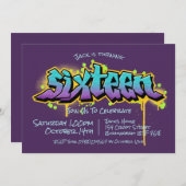 Lila Graffiti Teen Einladung (Vorne/Hinten)