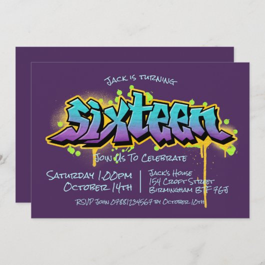 Lila Graffiti Teen Einladung (Vorne/Hinten)