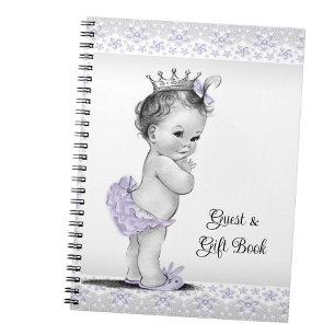 Lila Grau Baby Shower Geschenk Gästebuch Notizblock