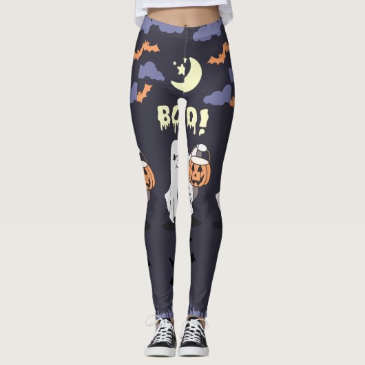 Lila & grau "Boo!" Niedliches Halloween-Party Leggings (Vorderseite)