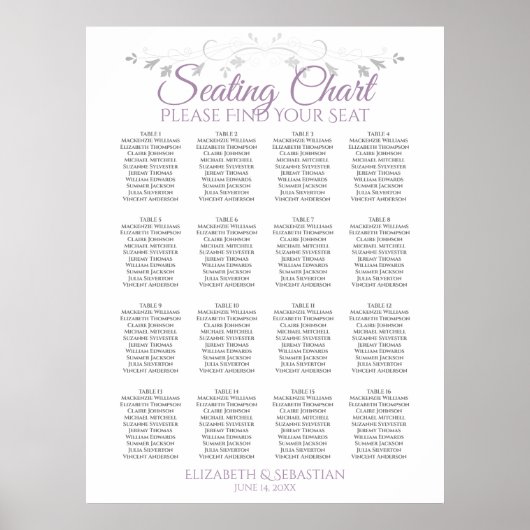 Lila-graue 16 Tabelle Hochzeitstabelle Poster (Vorne)