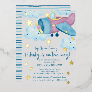 Lila graue Airplane Babydusche auf und ab Folieneinladung