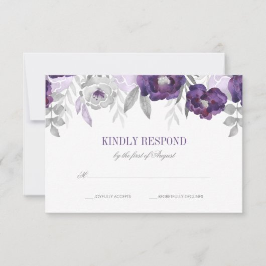 Lila graue Aquarellfarben-Blume Hochzeit des RSVP Karte (Vorderseite)
