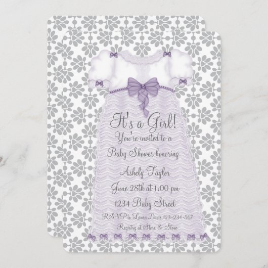 Lila graue Damask Kinderdusche Einladung (Vorne/Hinten)