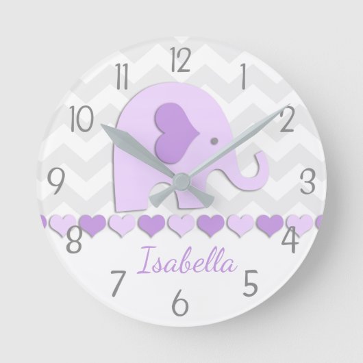 Lila Graue Elephant Kinderzimmer Wall Clock Runde Wanduhr (Vorderseite)