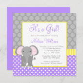 Lila graue gelbe Elefant-Mädchen-Baby-Dusche Einladung (Vorne/Hinten)