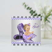 Lila Graue High Heel Shoel Babydusche Einladung (Stehend Vorderseite)