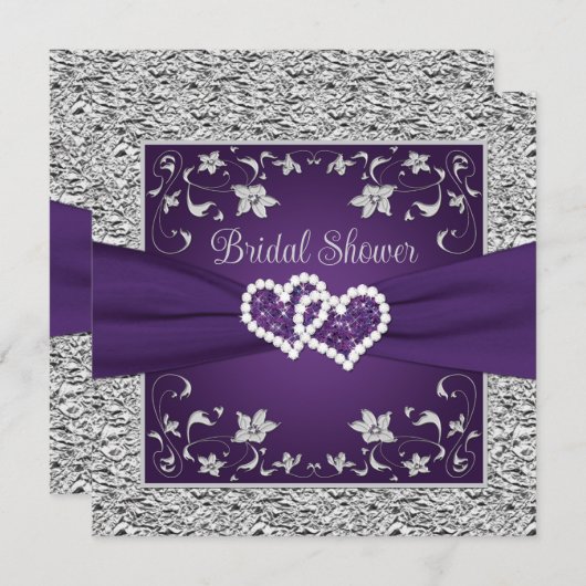 Lila, graue Liebe Herz Bridal Dusche Einladung (Vorne/Hinten)