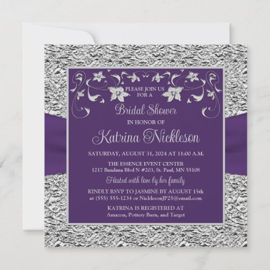 Lila, graue Liebe Herz Bridal Dusche Einladung (Rückseite)