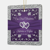 Lila, graue Liebe Herz Hochzeit 1. Weihnachten Keramikornament (Links)