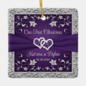 Lila, graue Liebe Herz Hochzeit 1. Weihnachten Keramikornament (Vorderseite)