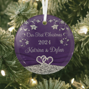 Lila, graue Liebe Herz Hochzeit 1. Weihnachten Ornament Aus Glas