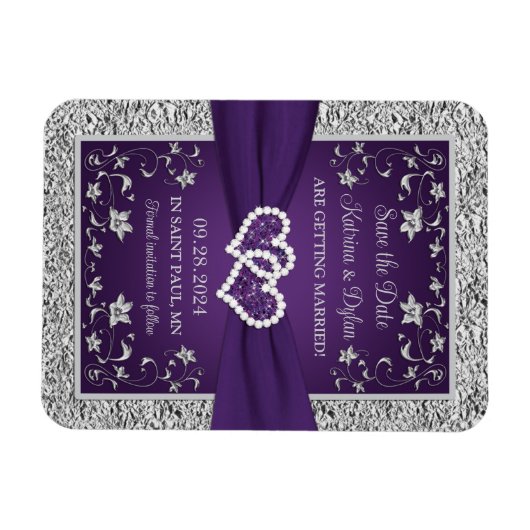 Lila, graue Liebe Herz Hochzeit speichern das Datu Magnet (Horizontal)