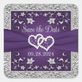 Lila, graue Liebe Herz Hochzeit speichern das Datu Quadratischer Aufkleber (Vorderseite)