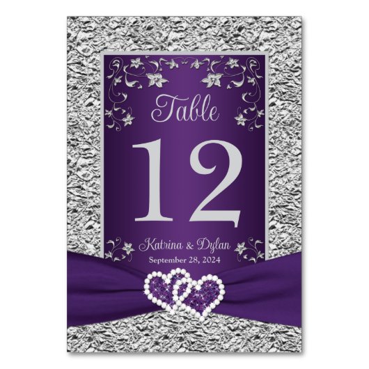 Lila, graue Liebe Herz-Hochzeitkarte Tischnummer (Vorderseite)