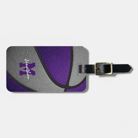 lila graue Mannschaftsfarben mit Monogramm Basketb Gepäckanhänger (Vorderseite horizontal)