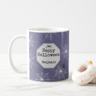 Lila, graue Spinnen und Webs Happy Halloween Kaffeetasse