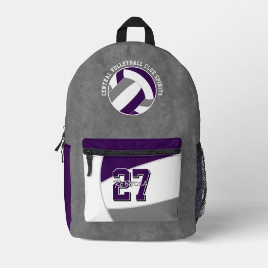 lila graue Volleyballmannschaftsfarben Teamname Bedruckter Rucksack (Vorderseite)