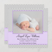 Lila Graue Zickzack Girl Foto Geburtserklärung Ankündigung (Vorne/Hinten)