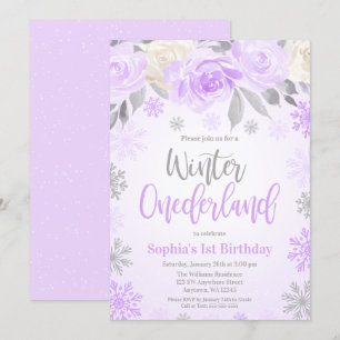Lila Grauer Flora Winter ONEderland 1. Geburtstag Einladung
