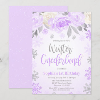 Lila Grauer Flora Winter ONEderland 1. Geburtstag Einladung