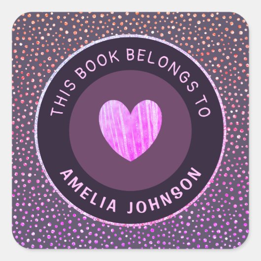 Lila grauer Glitzer und Herz zurück zur schulische Quadratischer Aufkleber (Vorderseite)