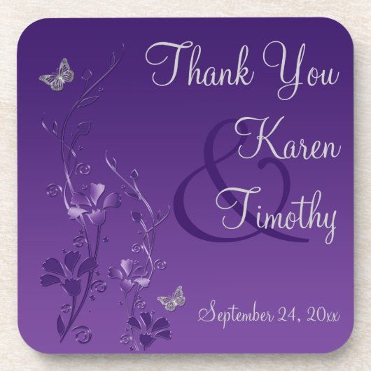 Lila graues blumengeschmücktes Hochzeitsstift Set Untersetzer (Vorderseite)