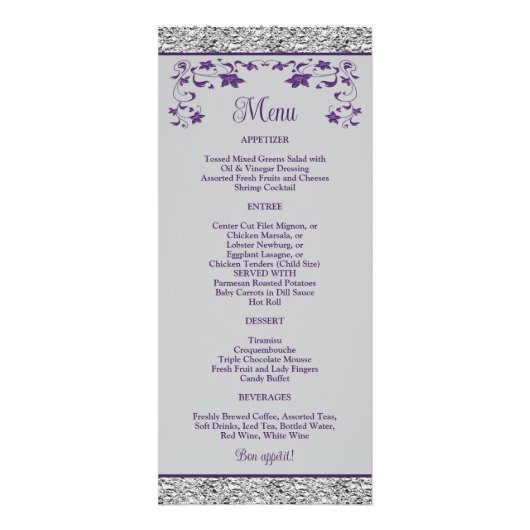 Lila, graues Liebe Hearts Wedding Menu Werbekarte (Hinten)